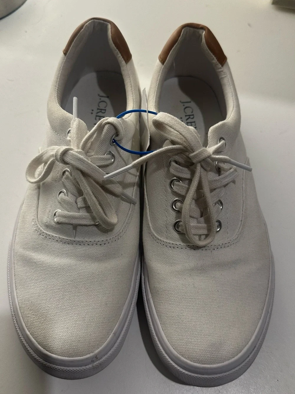 J. Crew Men's Cream Canvas Sneakers with Brown Heel Tab